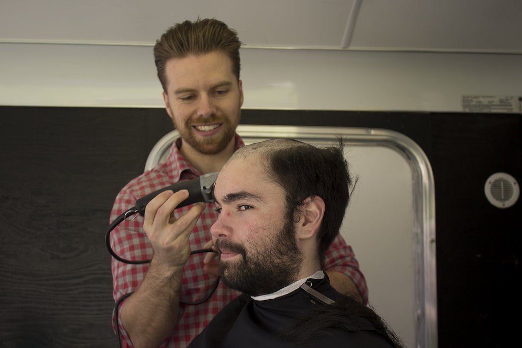 Kelowna Hair Salon - Plan B supports cuts for a cure - guy mid shave